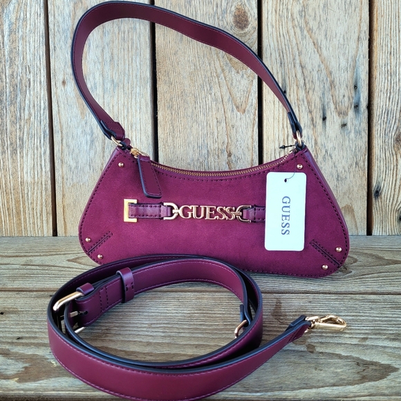 GUESS Suede Northlake Small Oxblood Tote With Crossbody Strap Handbag - Picture 4 of 8